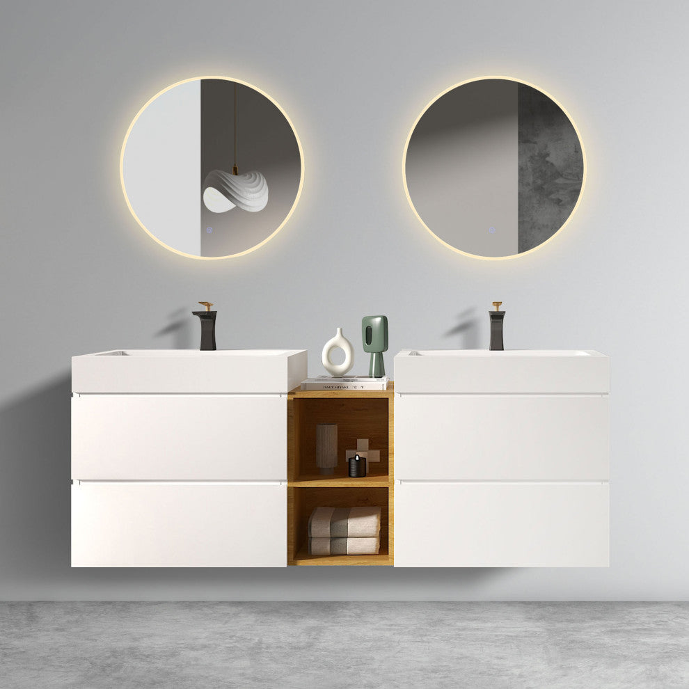 Wall-Mounted Bathroom Vanity with Double Sinks and Open Shelf, White, 72"