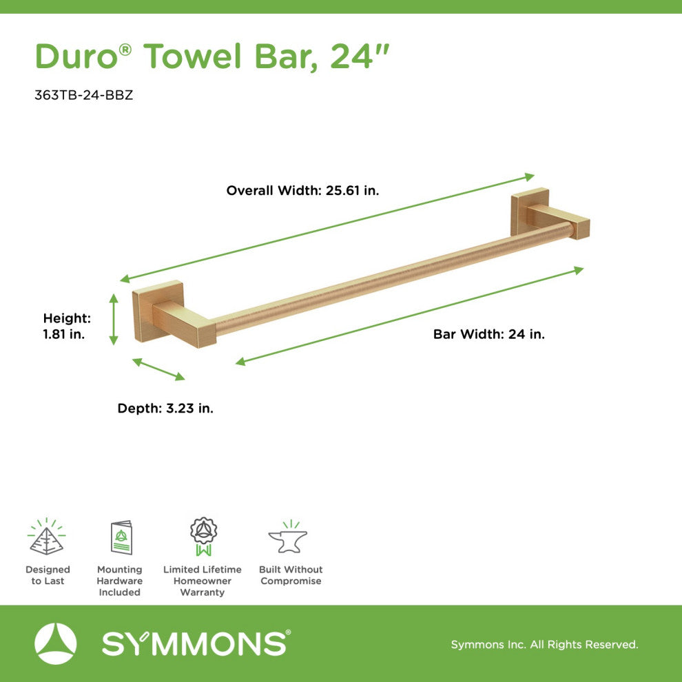 Duro 24 inch Towel Bar with Mounting Hardware, Brushed Bronze