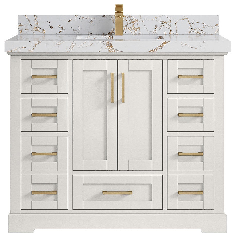 Boston 42" Single Sink Bath Vanity in Alabaster 2" Viola Gold