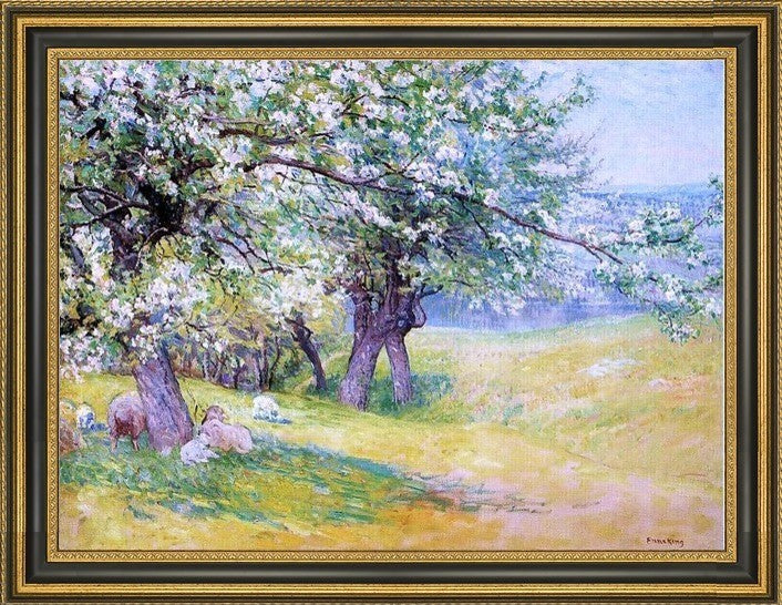 John Joseph Enneking Sheep Under The Apple Blossoms Framed Canvas Print, 21"x28"