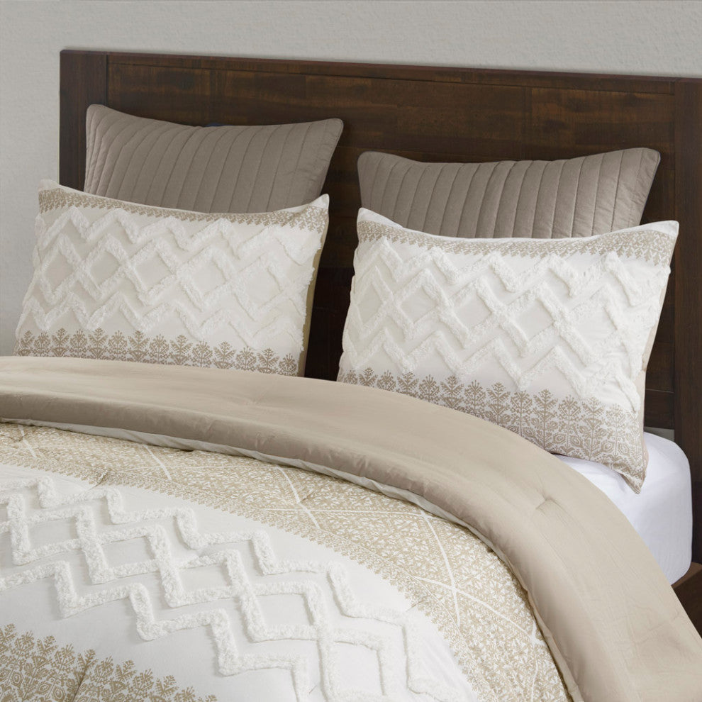 INK+IVY Mila 3 Piece Cotton Comforter Set With Chenille Tufting, Taupe
