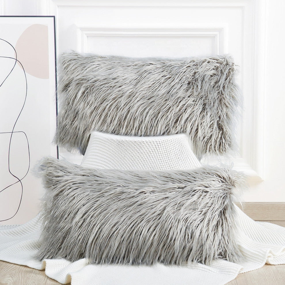 Mongolian Faux Fur Pillow Shell Set, Gray, 14"x26"