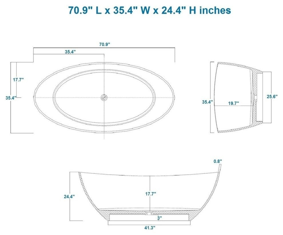 ADM Oval Freestanding Bathtub, White, 70.9", Glossy White