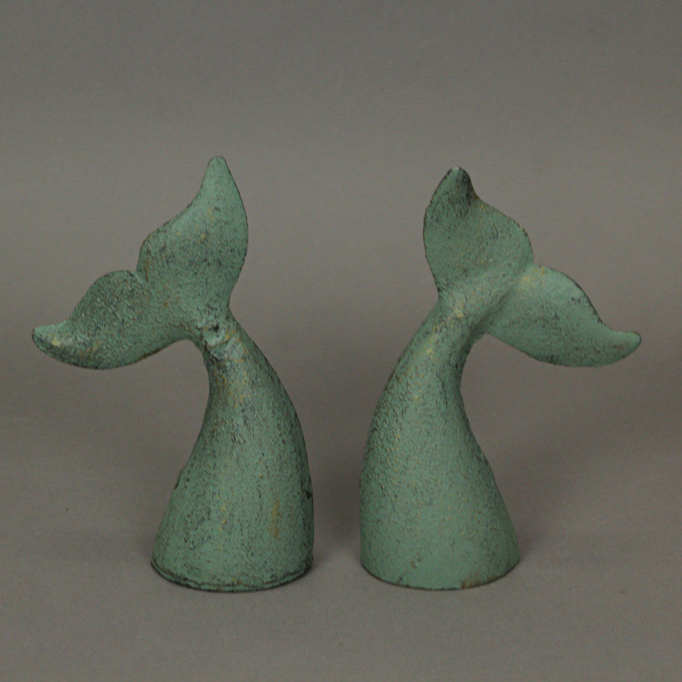 Set of 2 Verdigris Cast Iron Whale Tail Bookends Nautical Home Decor Bookshelf