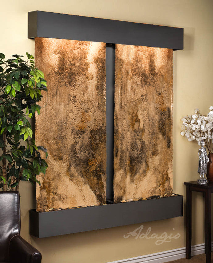 Cottonwood Falls Water Fountain, Magnifico Travertine, Blackened Copper, Square