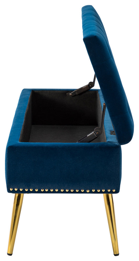 Button-tufted Storage Bench with Nailhead Trim, Navy