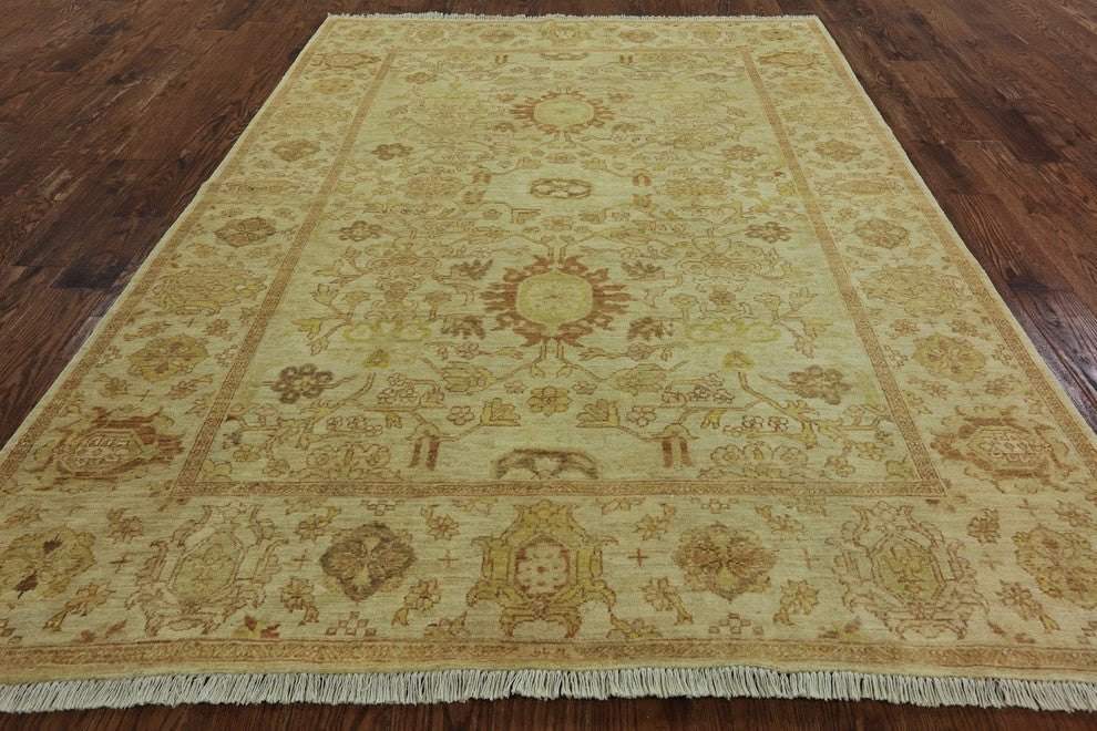 Oushak Oriental Ivory Hand-Knotted Peshawar Chobi Wool Rug, 6'x9'