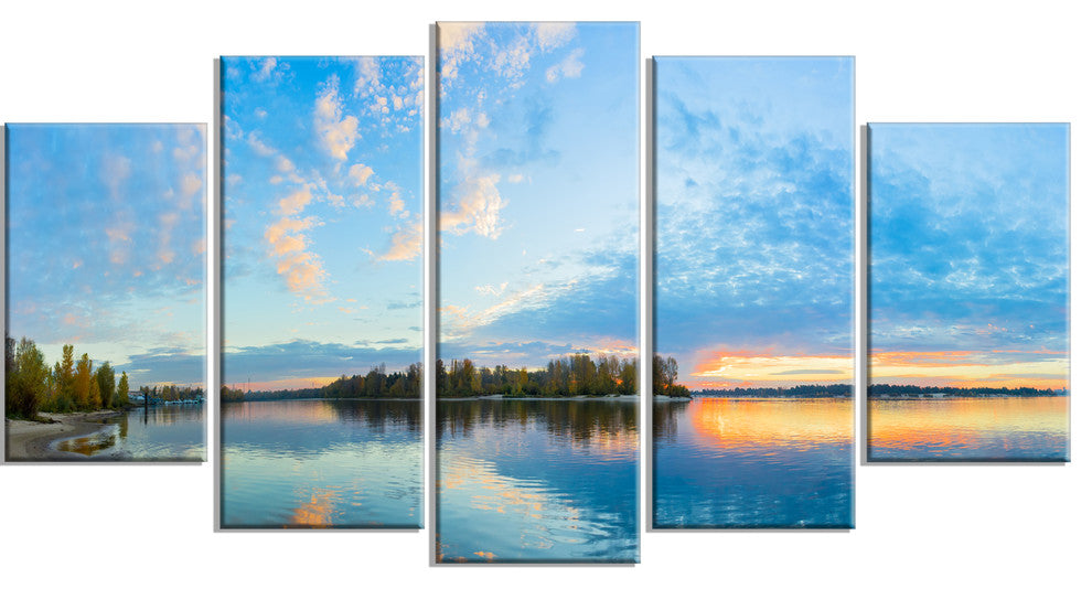 "Exotic Sunrise On River Autumn" Oversized Beach Wall Art, 5 Panels, 60"x32"