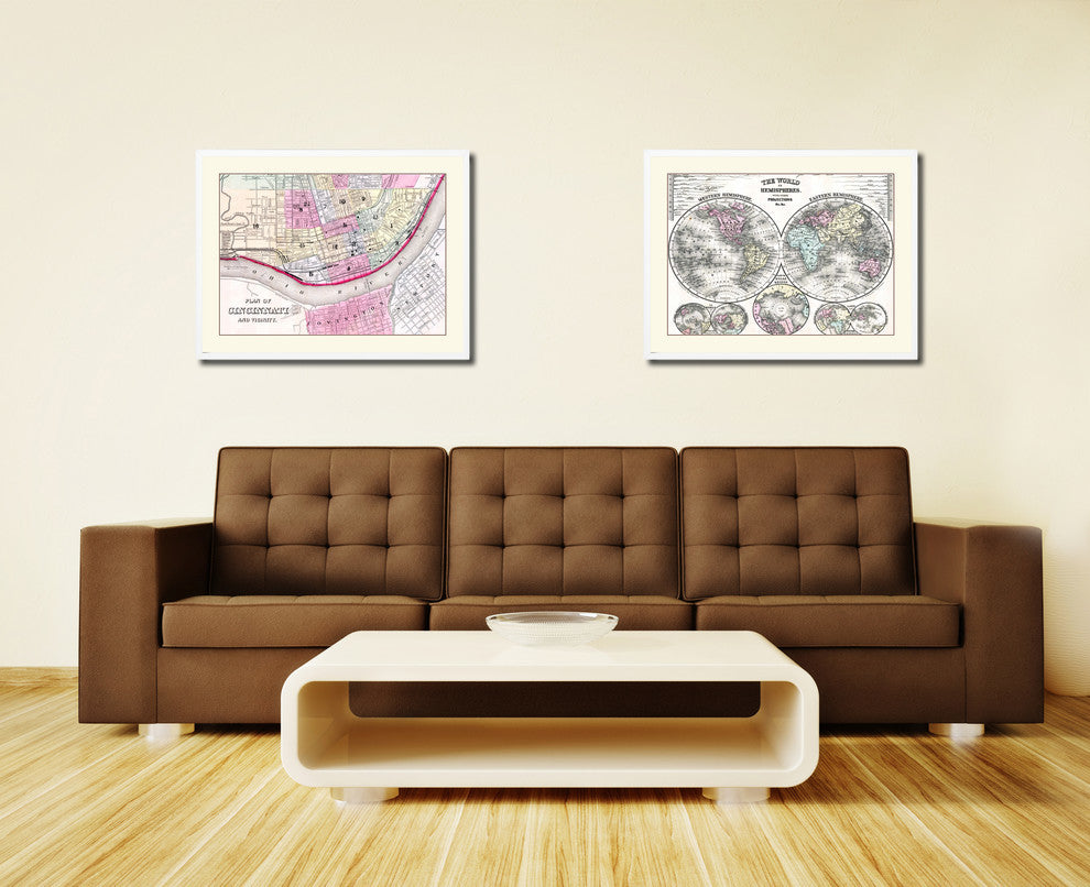 Cincinnati Vintage Old Map Print On Canvas With Picture Frame 28" X 37"