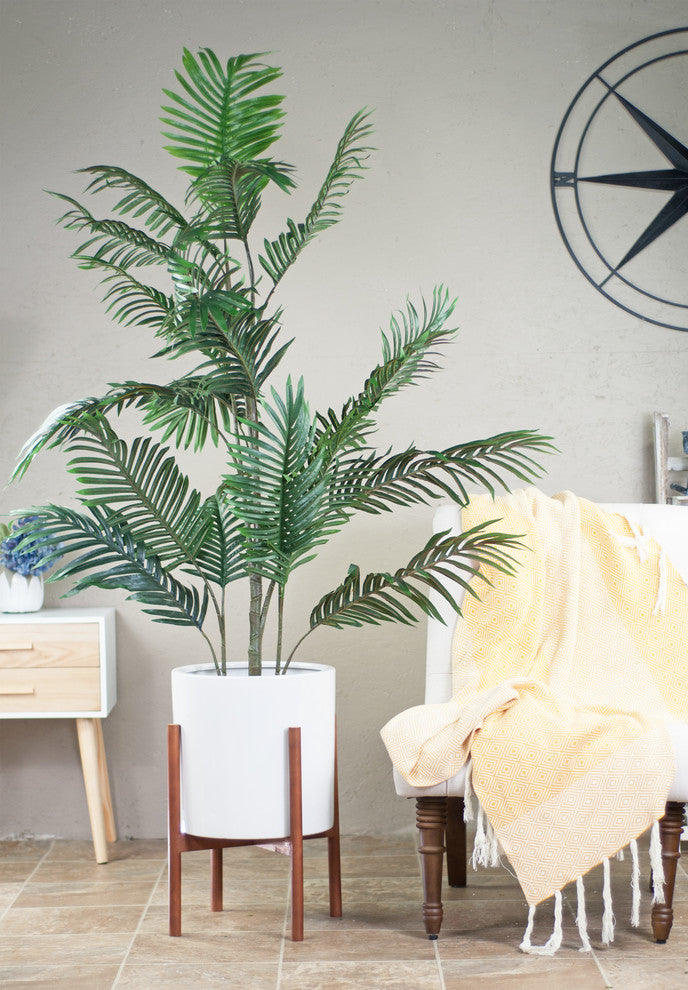 Large Ceramic Planter Pot Cylinder Planter 13" White With Plant Stand Walnut