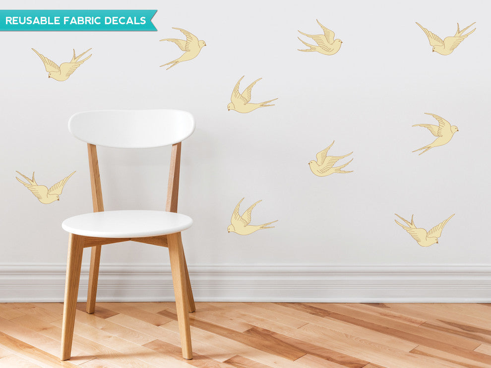 Modern Birds Fabric Wall Decals, Set of 10 Birds, Yellow