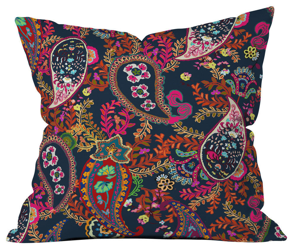 Rachelle Roberts Boho Paisley Navy Outdoor Throw Pillow