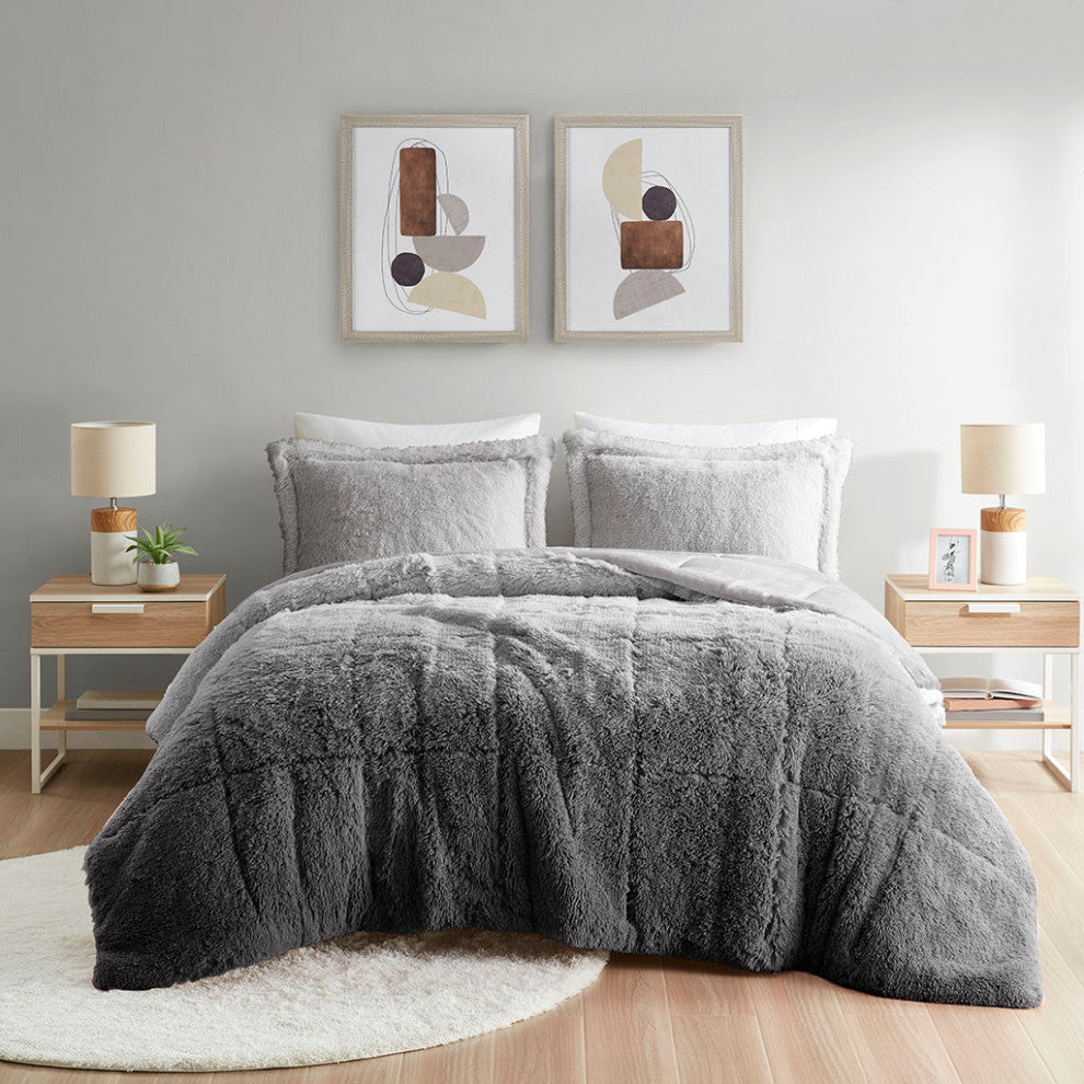 Intelligent Design Brielle Ombre Shaggy Long Fur Comforter Mini Set, Grey