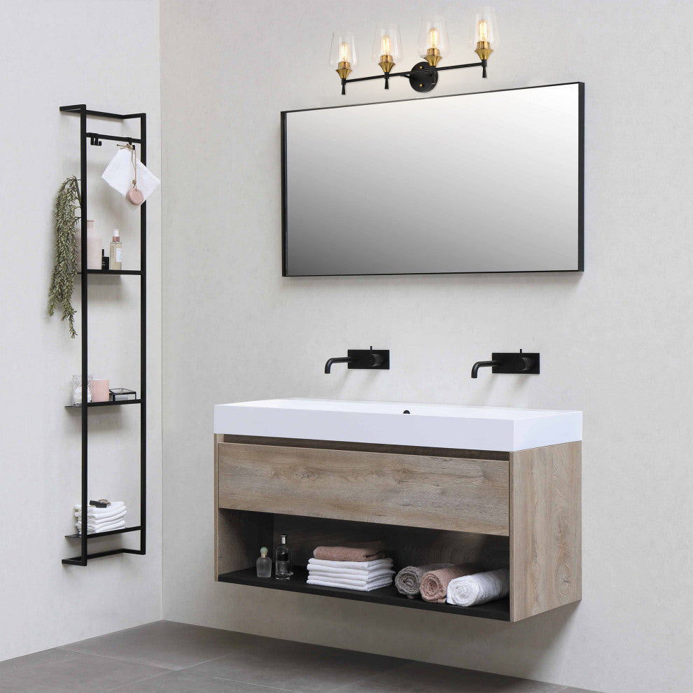 30 in. 4-Light Black and Antique Brass Vanity Light With Clear Glass Shades