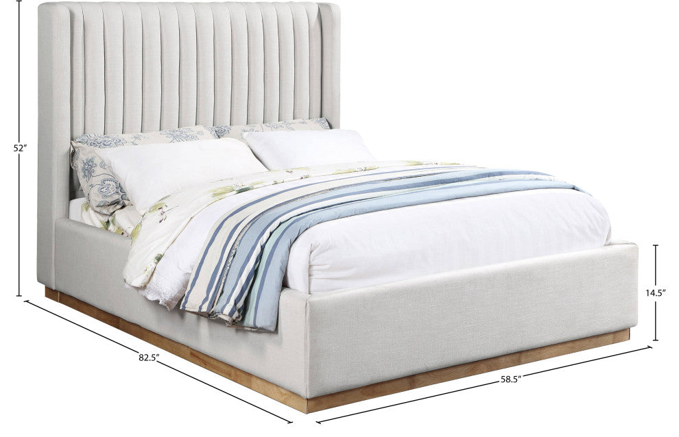 Logan Beige Linen Textured Fabric Twin Bed, Cream, Full