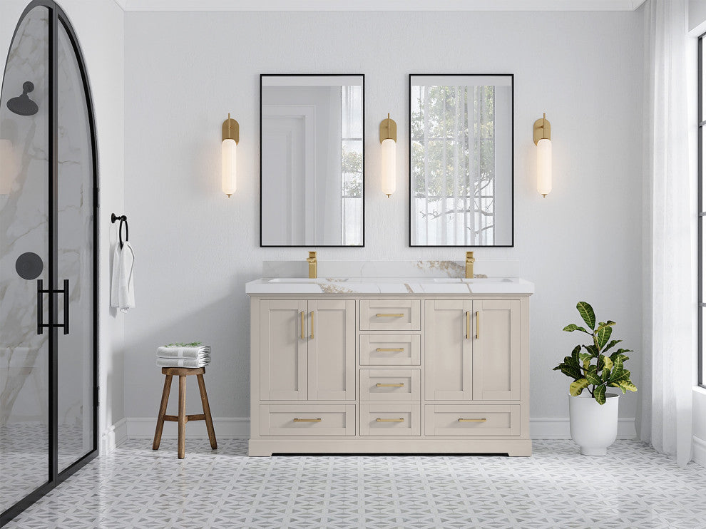 Boston 60" Double Bathroom Vanity in Fine Grain 2" Calacatta Gold