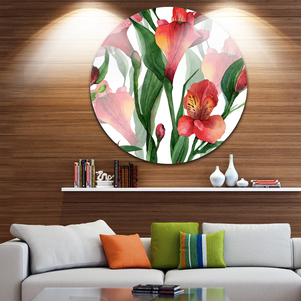 Red Floral Pattern Art, Floral Art Large Disc Metal Wall Art, 36"