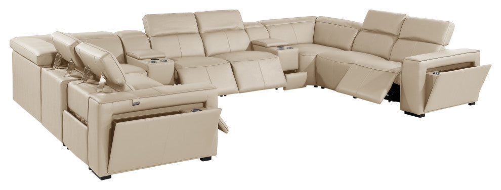 Niccolo Italian Leather 10-Piece U-Shaped 4 Power Reclining Sectional, Beige