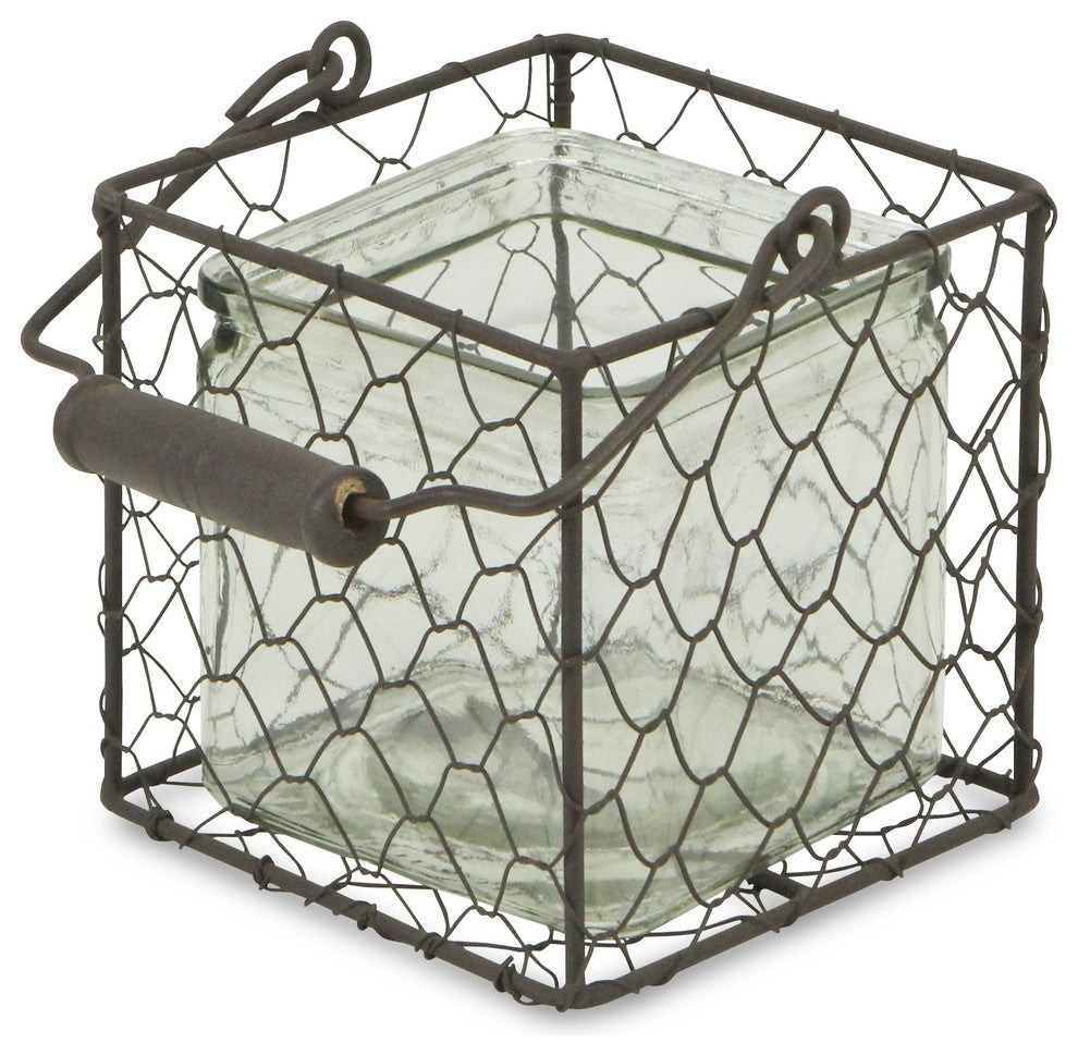 Square Wire Basket With Glass Jar, Brown, Large, Medium