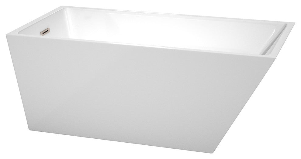 Hannah 59" Freestanding White Bathtub, Brushed Nickel Drain and Overflow Trim