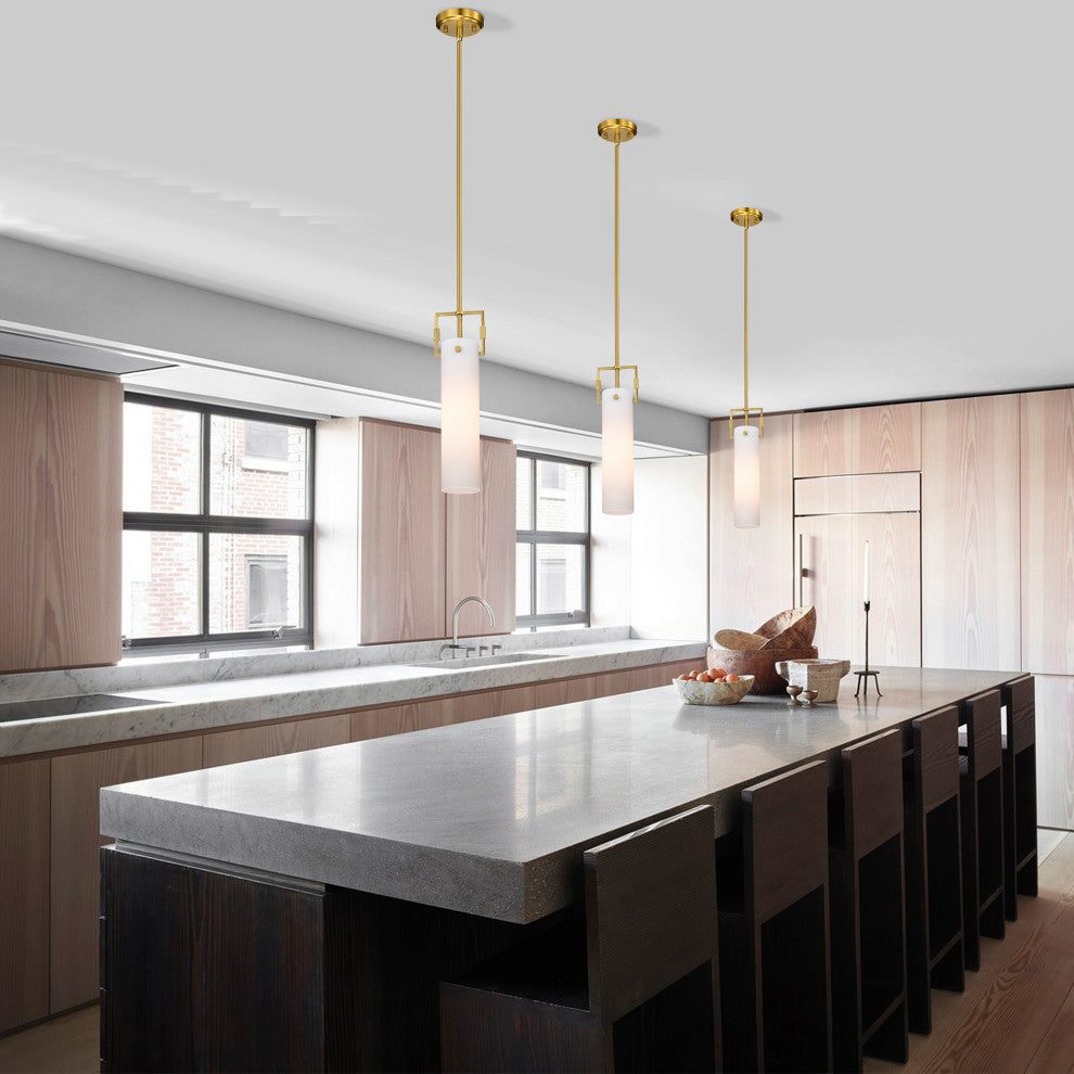 1-Light Gold Mini Pendant With White Cylindrical Glass Shade