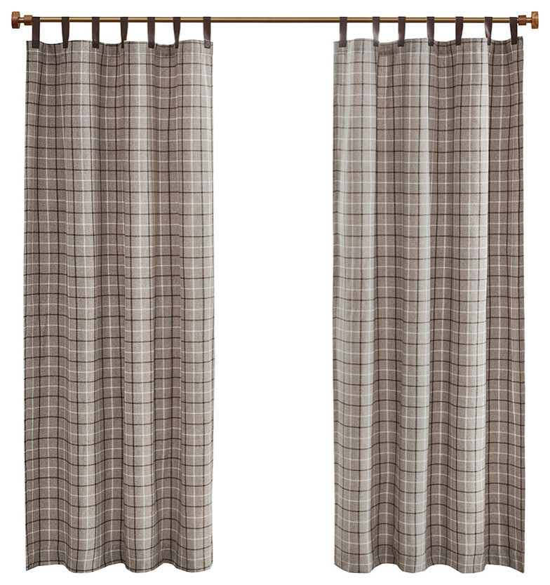 Madison Park Anaheim Plaid Window Panel with Fleece Lining, Beige, Brown, 50x84", Leather Tap Window Panel