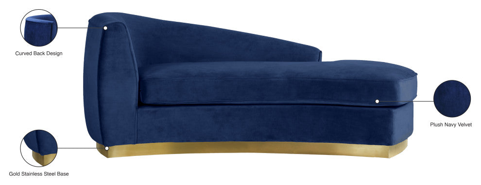Julian Velvet Upholstered Chaise, Navy, Gold Base