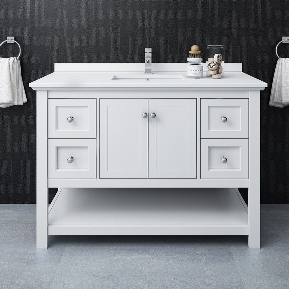 Manchester 48" Single Bathroom Vanity in White with Quartz Stone Top