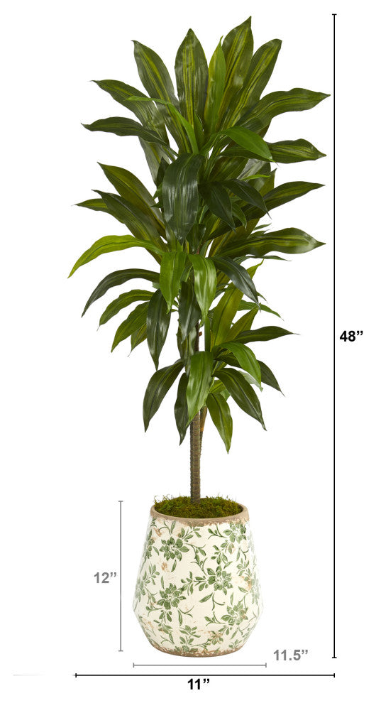 4' Dracaena Artificial Plant, Flower Print Planter, Real Touch