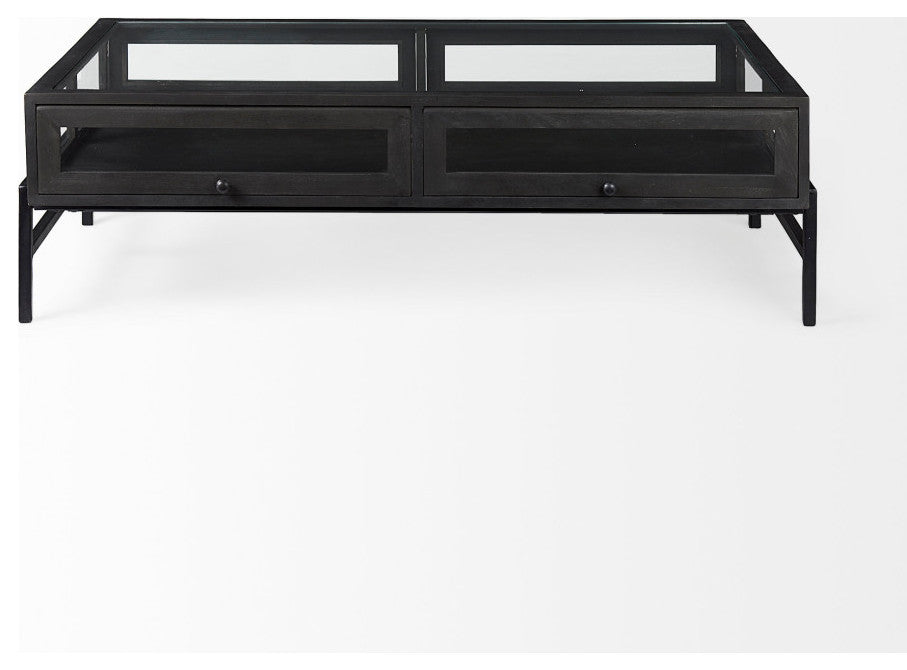 Arelius Glass-Top Black-Brown Wood With Black Metal Base Display Coffee Table
