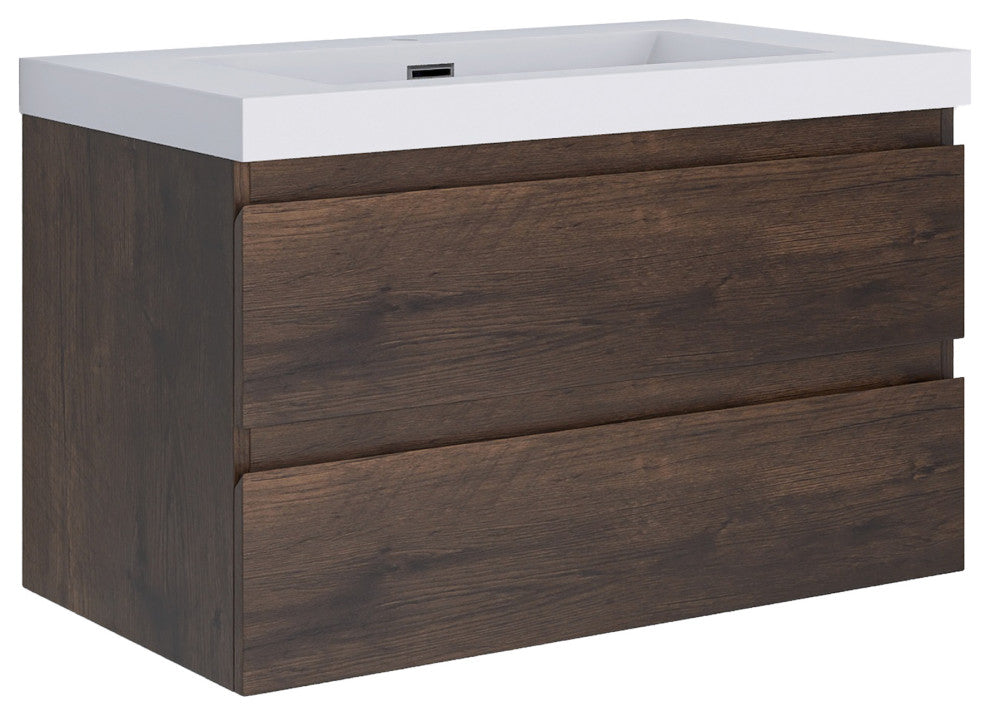 Wall-Mounted Bathroom Vanity with Integrated Resin Sink, Rose Wood, 36in.