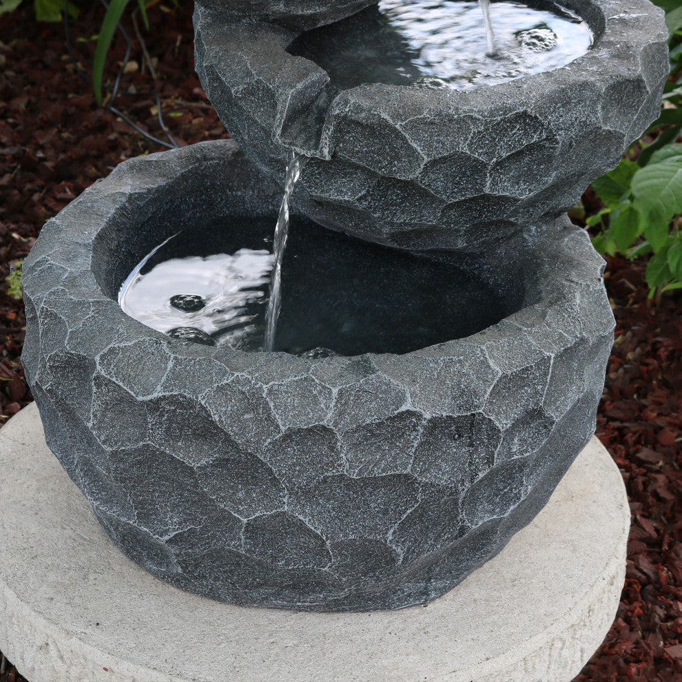Sunnydaze Chiseled Basin Small Outdoor Solar Fountain, 3-Tier, Solar-on-Demand