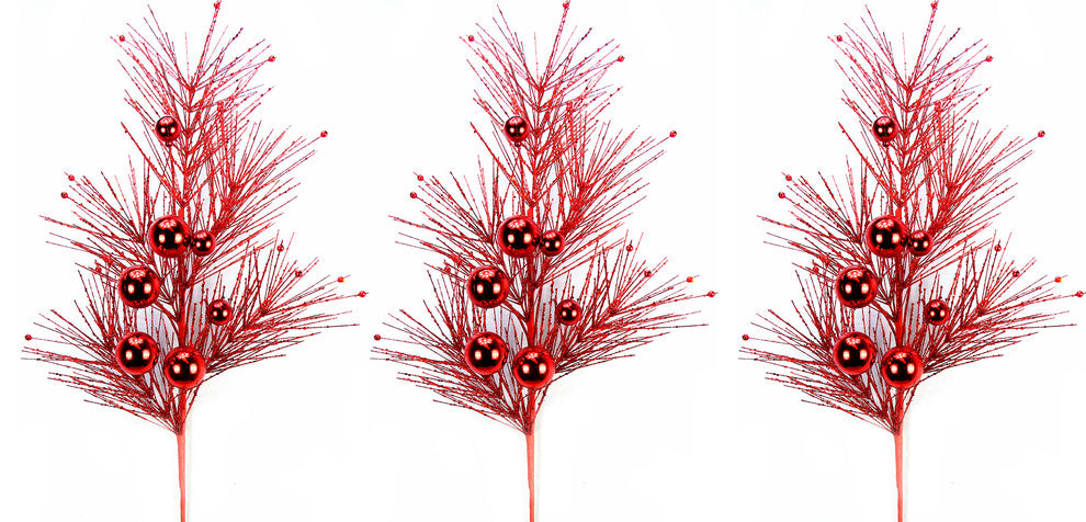 3 Pieces 35" Dazzling Glitter Ornament Ball Christmas Spray, Red