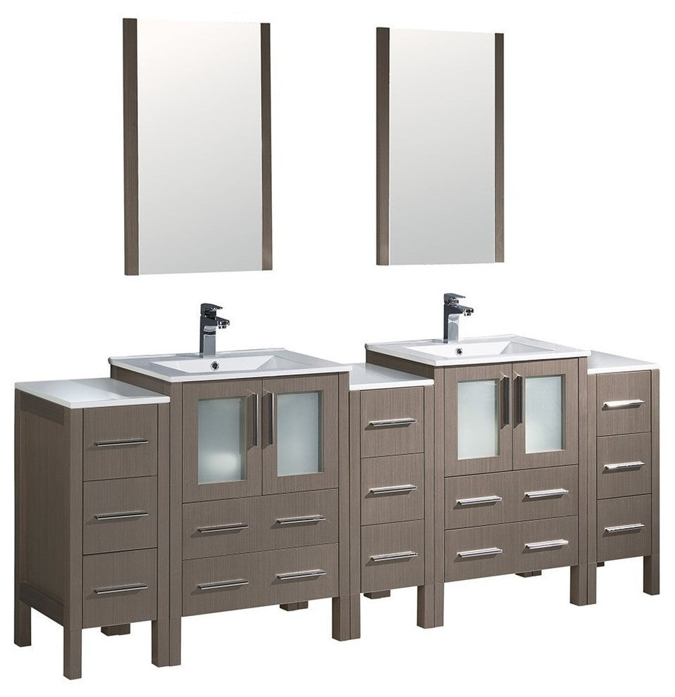 Torino 84" Gray Oak Modern Double Sink Bathroom Vanity, Faucet FFT1040CH