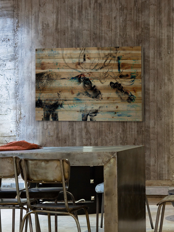 "Conversating Deer" Painting Print on Natural Pine Wood, 60"x40"