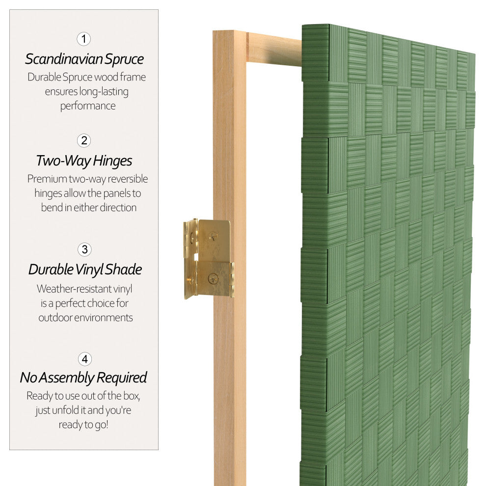 6' Tall Woven Fiber Outdoor All Weather Room Divider, 3 Panel, Green