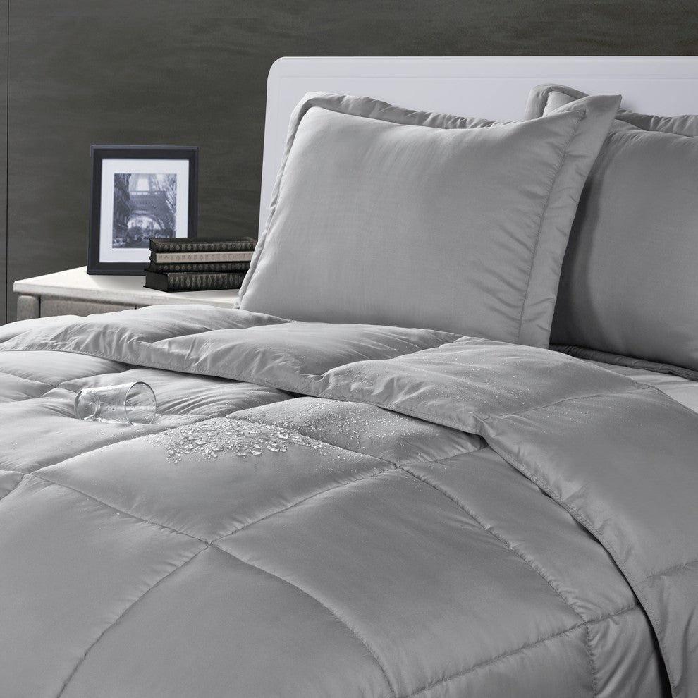 Lotus Home Water and Stain Resistant Microfiber Comforter Mini Set, Silver, Twin