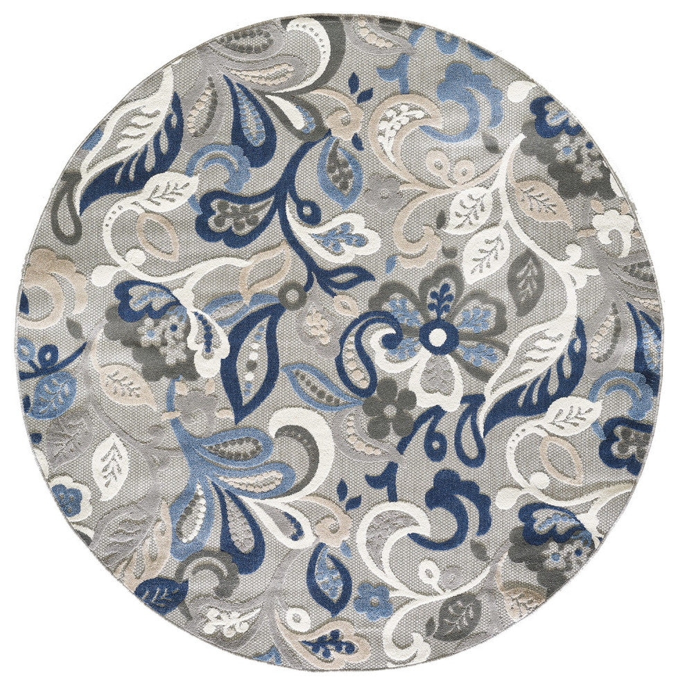5' X 7' Blue And Gray Floral Stain Resistant Indoor Outdoor Area Rug
