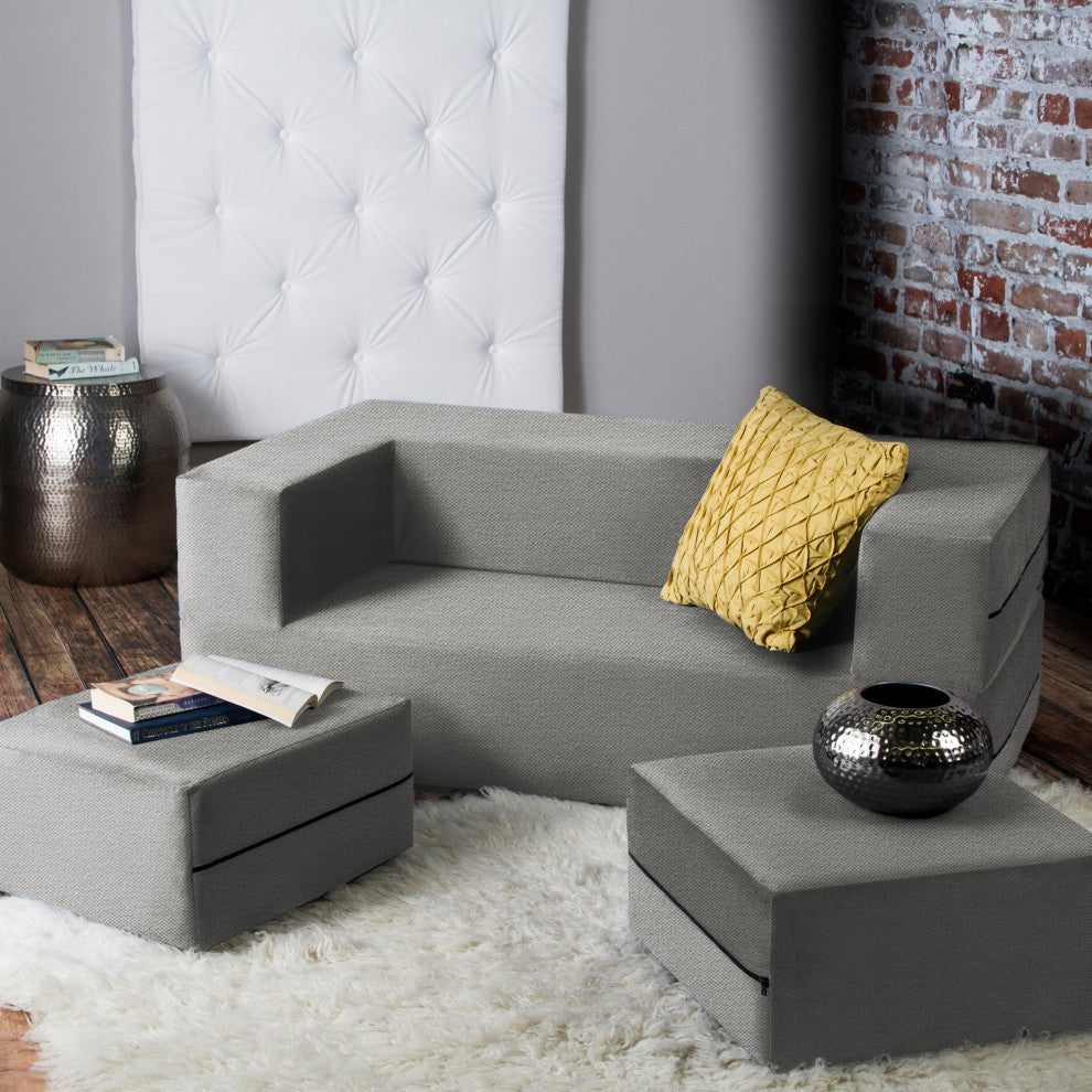 Zipline Convertible Sleeper Loveseat With 2 Ottomans, 3-Piece Set, Pewter