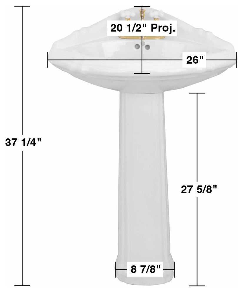 Corner Pedestal Sink White China with Centerset Faucet Holes and Overflow