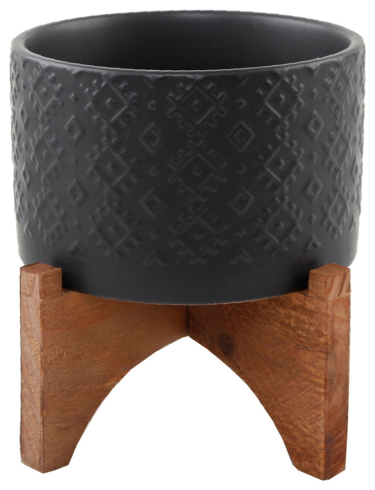 5" Indian Ceramic Planter On Wood Stand, Matte Black