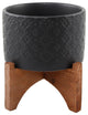 5" Indian Ceramic Planter On Wood Stand, Matte Black