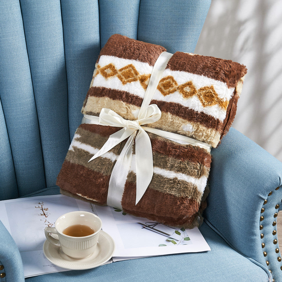Southwest Faux Fur & Sherpa Backing Throw Blanket, Coffee, 60" X 80"