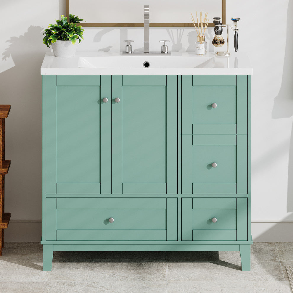 36" Freestanding Bath Vanity Set, Integrated Resin Sink, Green