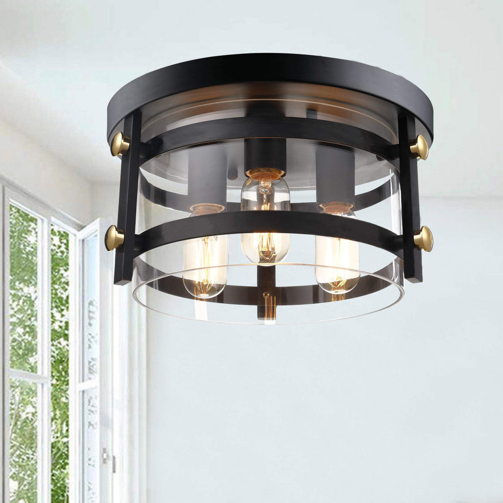 April Clear Glass 13" W 3-light Black Flush Mount