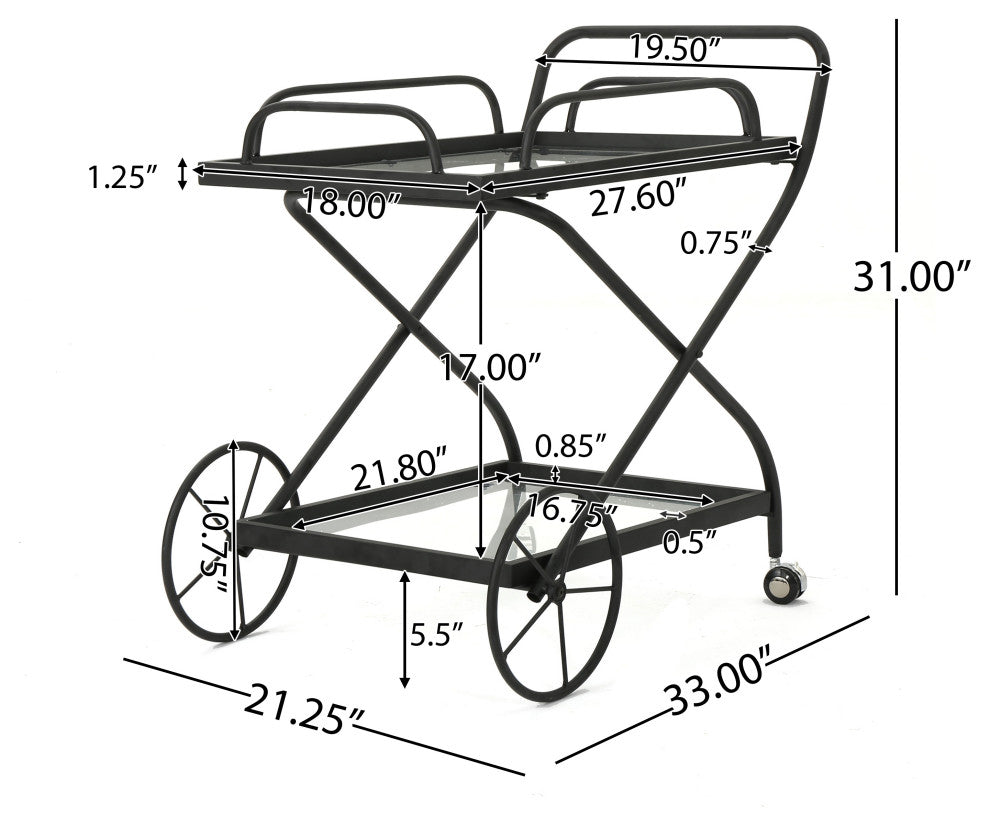 GDF Studio India Outdoor Black  Iron Bar Cart With Tempered Shelve