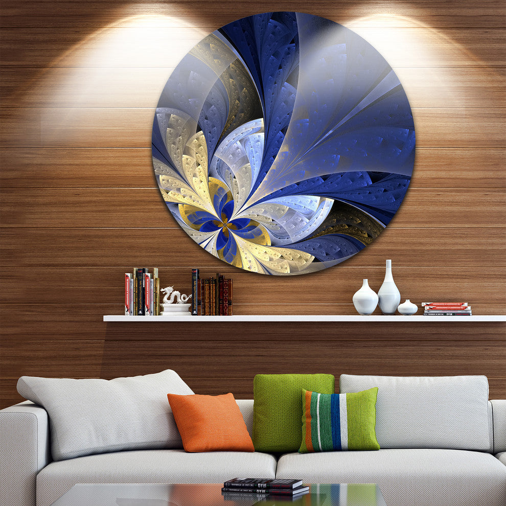 Blue And Yellow Fractal Pattern, Modern Floral Round Wall Art, 23"