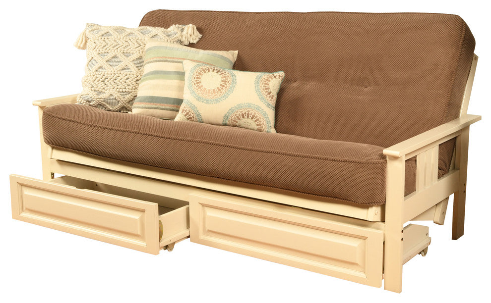 Caleb Frame Futon With Antique White Finish, Storage Drawers, Marmont Mocha