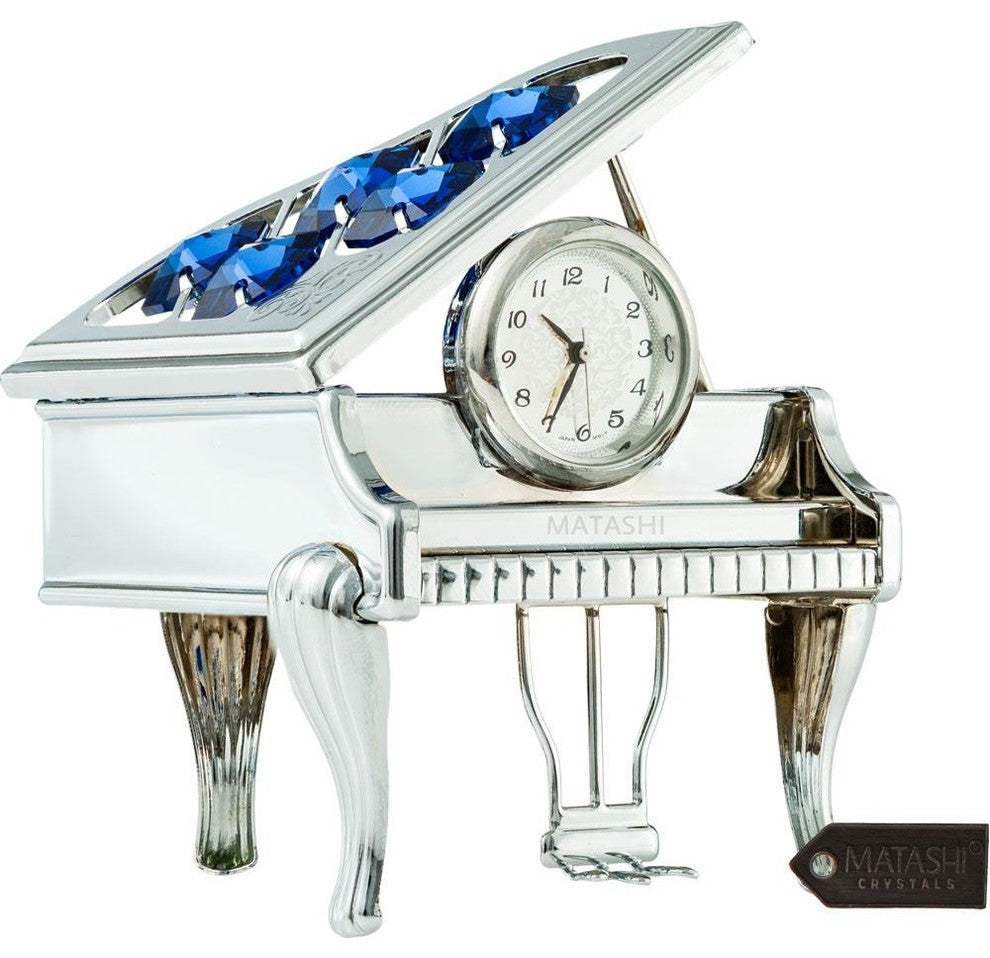 Chrome Plated Silver Vintage Piano Desk Clock With Blue Crystals