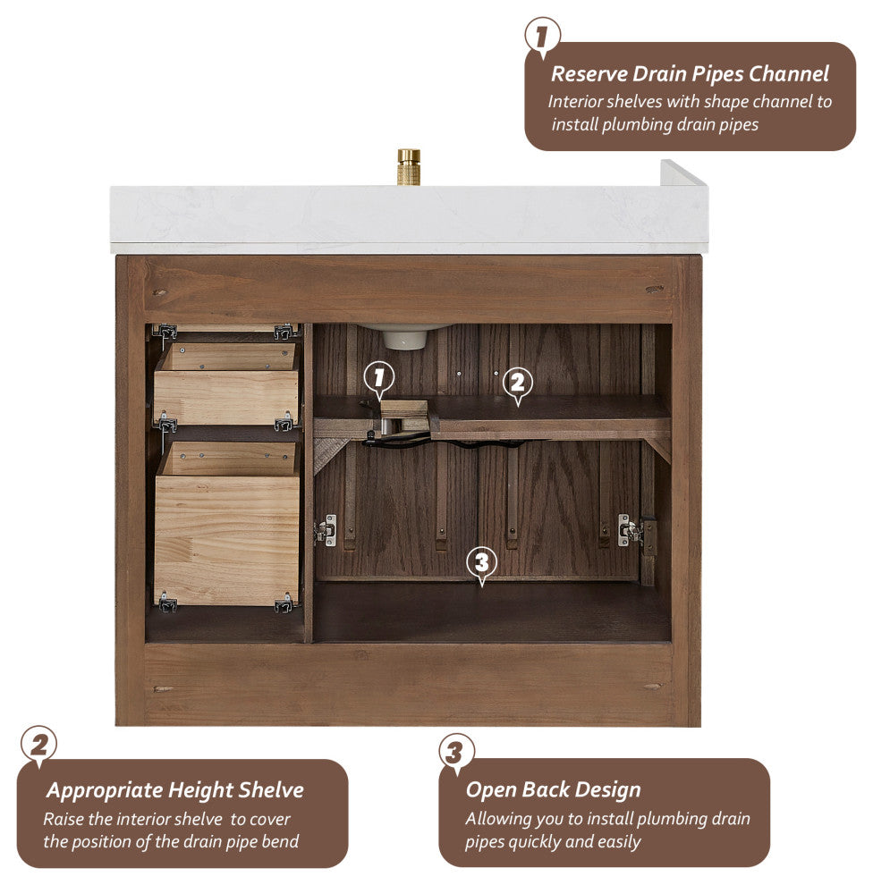 Jakarta Bath Vanity, Quartz Top No Mirror, Dark Brown Oak, 42", Single Vanity